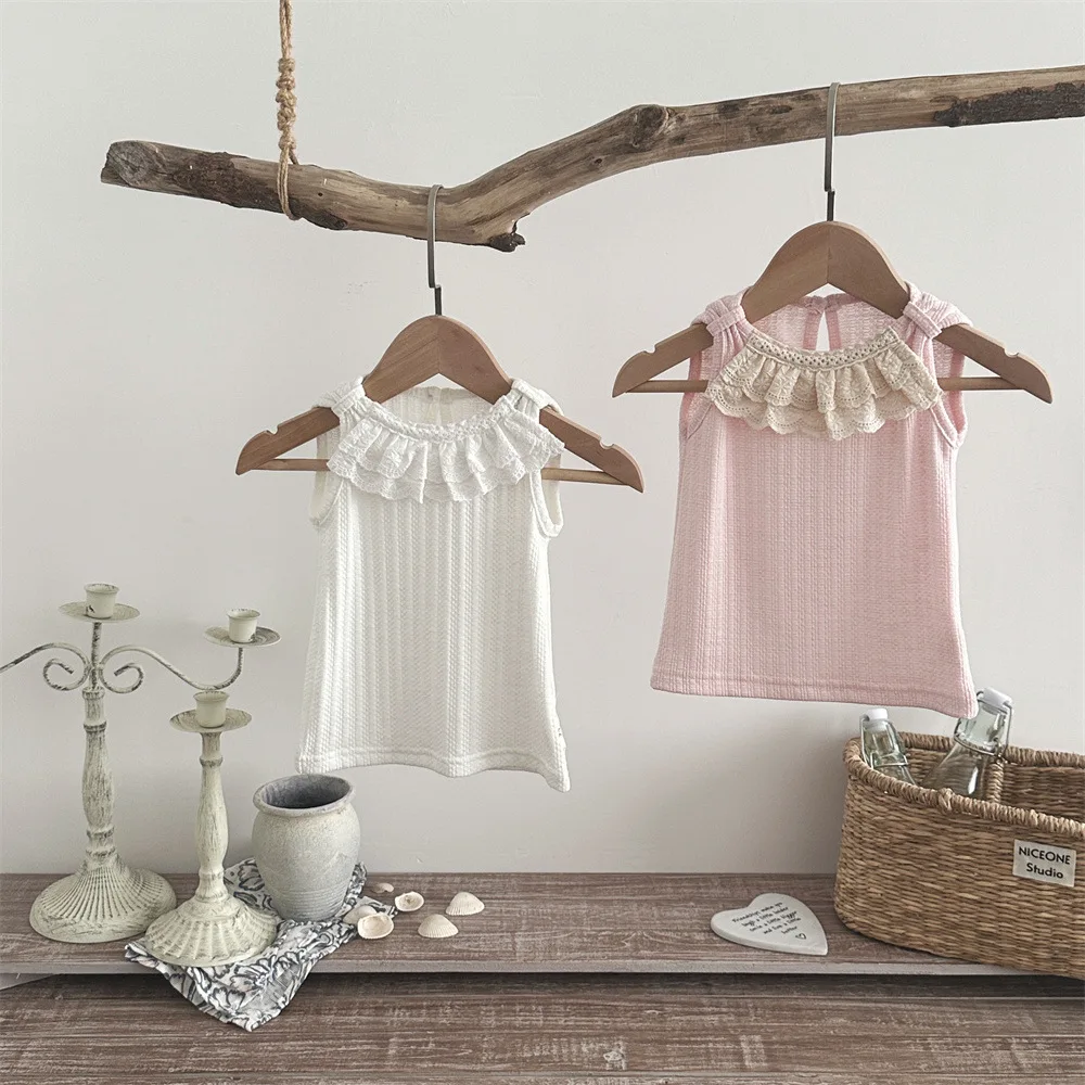 2026 Summer New Girls Sweet Lace Sleeveless T Shirts Cotton Baby Girl Solid Cute Lace Collar Tops Toddler Clothes