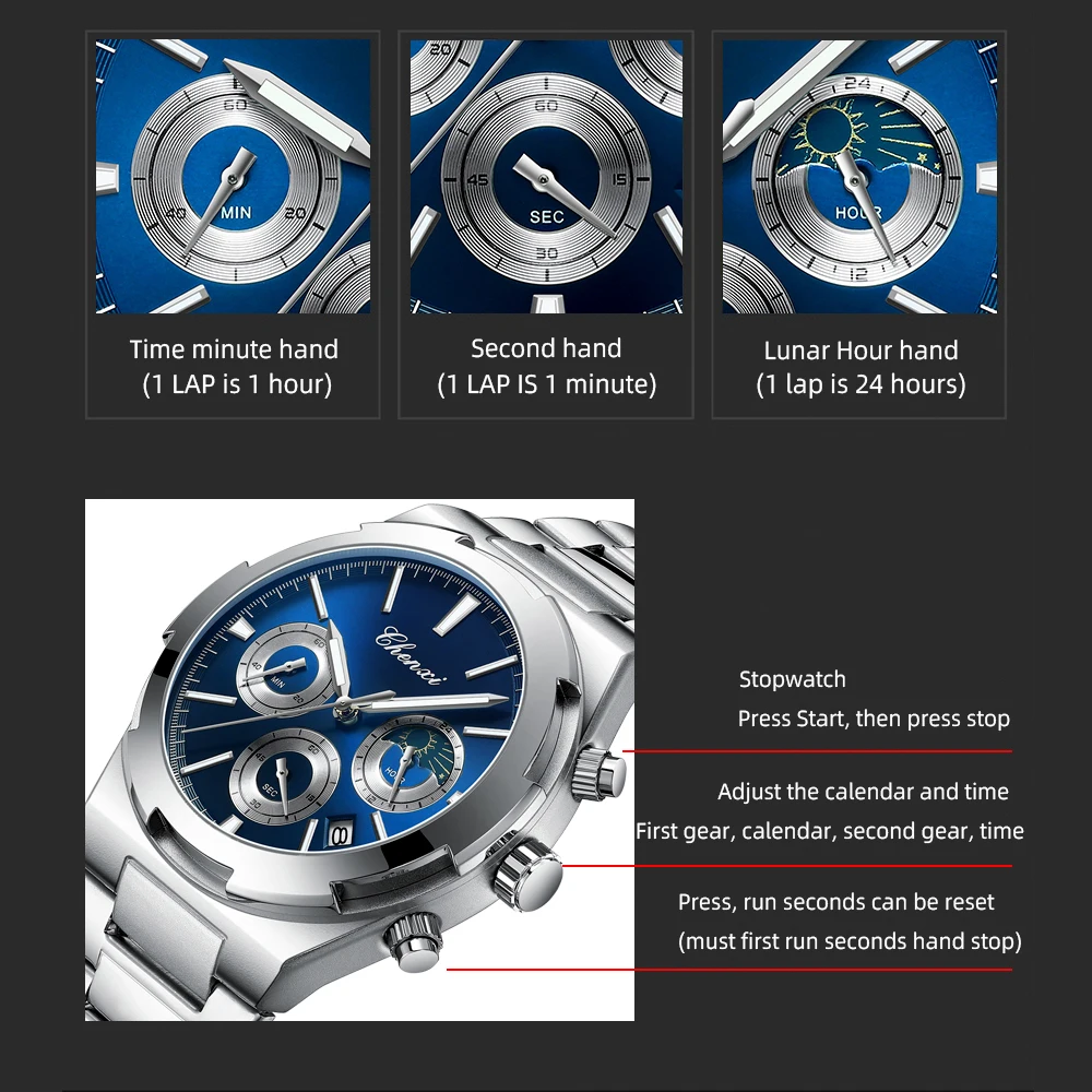 CHENXI Fashion Watches for Men Luxury Original Chronograph Business Men Watch ​Waterproof Steel Band Quartz Clock WristWatch