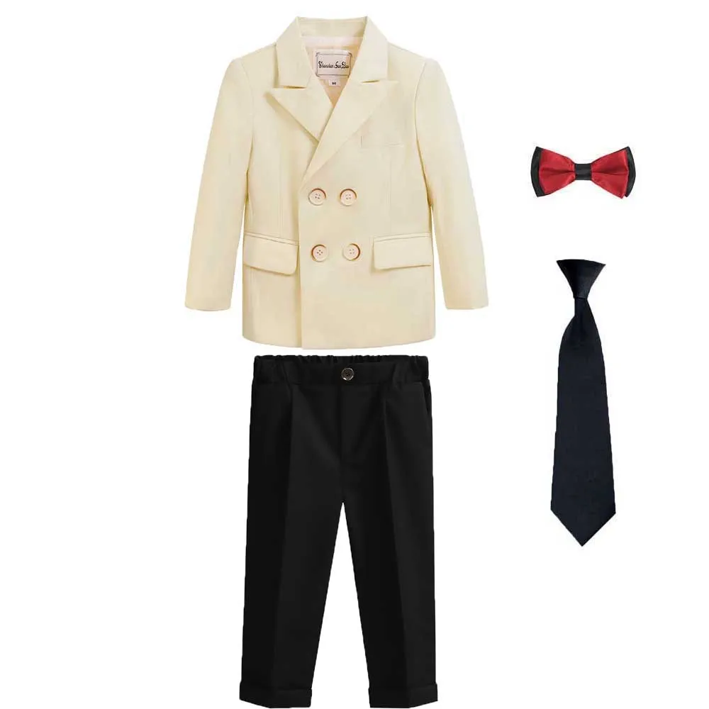 Children Champagne Jacket Pants Bowtie+Tie Photography Suit Boys Formal Wedding Ceremony Costume Kids Performance Party Dress