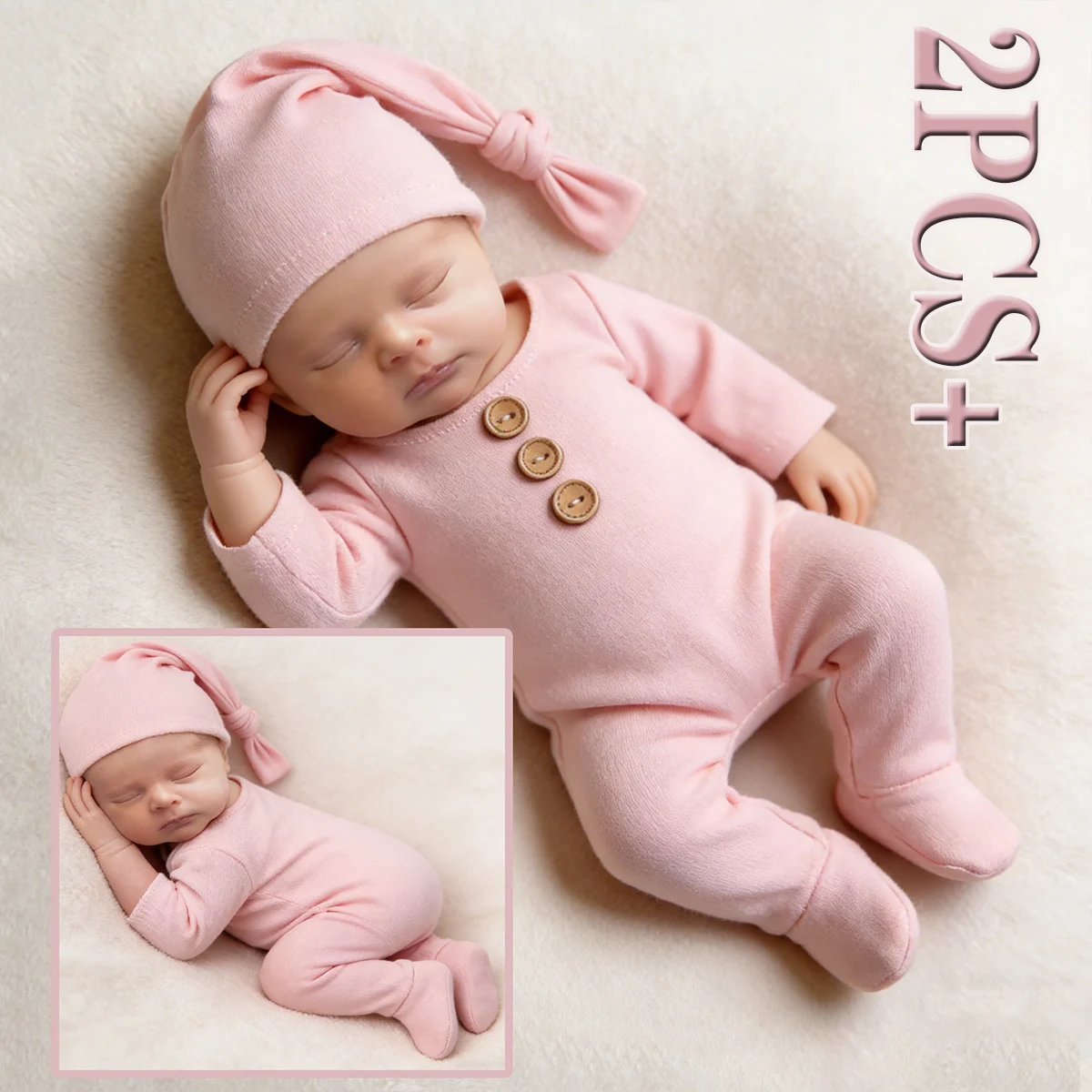 2Pcs Autumn Winter Long Sleeve Buttons Footed Jumpsuit Sleepy Hat Infant Photo Sweet Baby Jumpsuits Newborn Coming Home Outfit