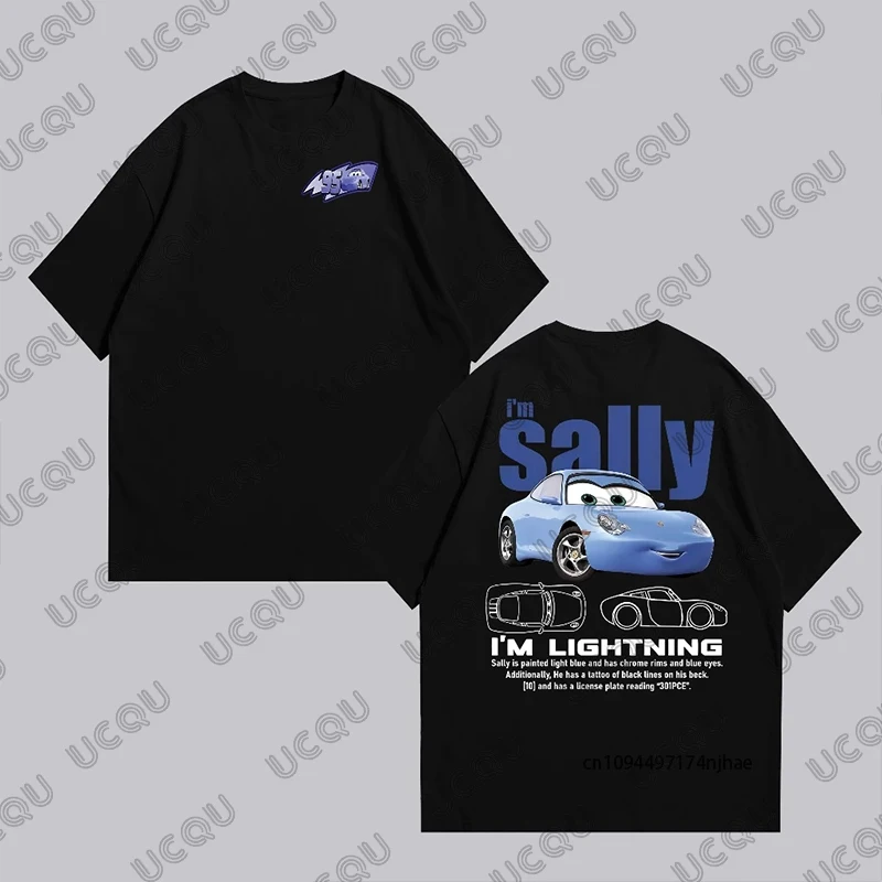 Lightning Mcqueen und Sally Print Paare T-Shirt für Damen Herren Sally und Mcqueen Sommer Baumwolle Kurzarm T-Shirts Casual Tops