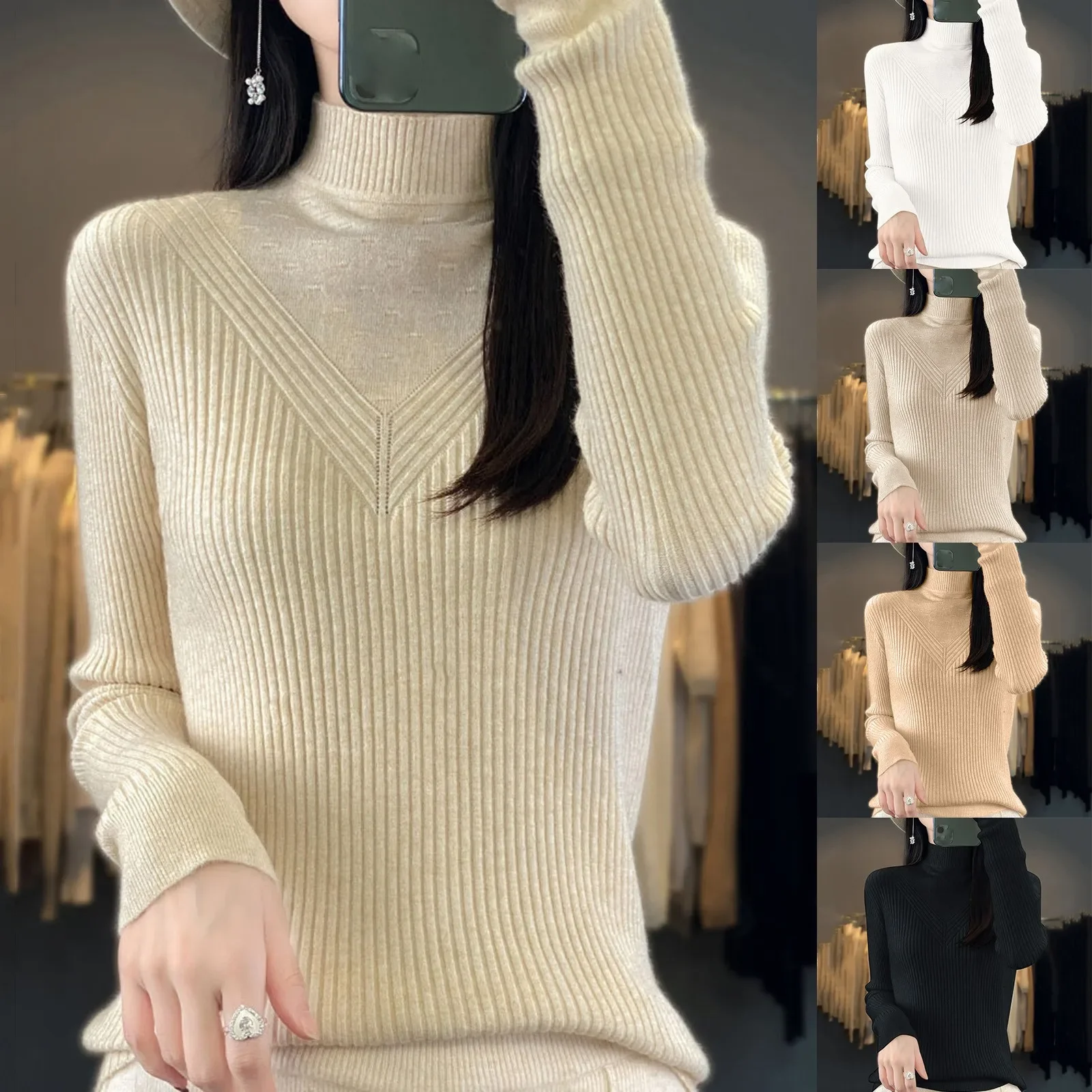 Autumn and Winter Women's Pullover Half High Neck Long Sleeve Solid Color Slim Fashion Casual Knit Bottom Tops Winter Clothing