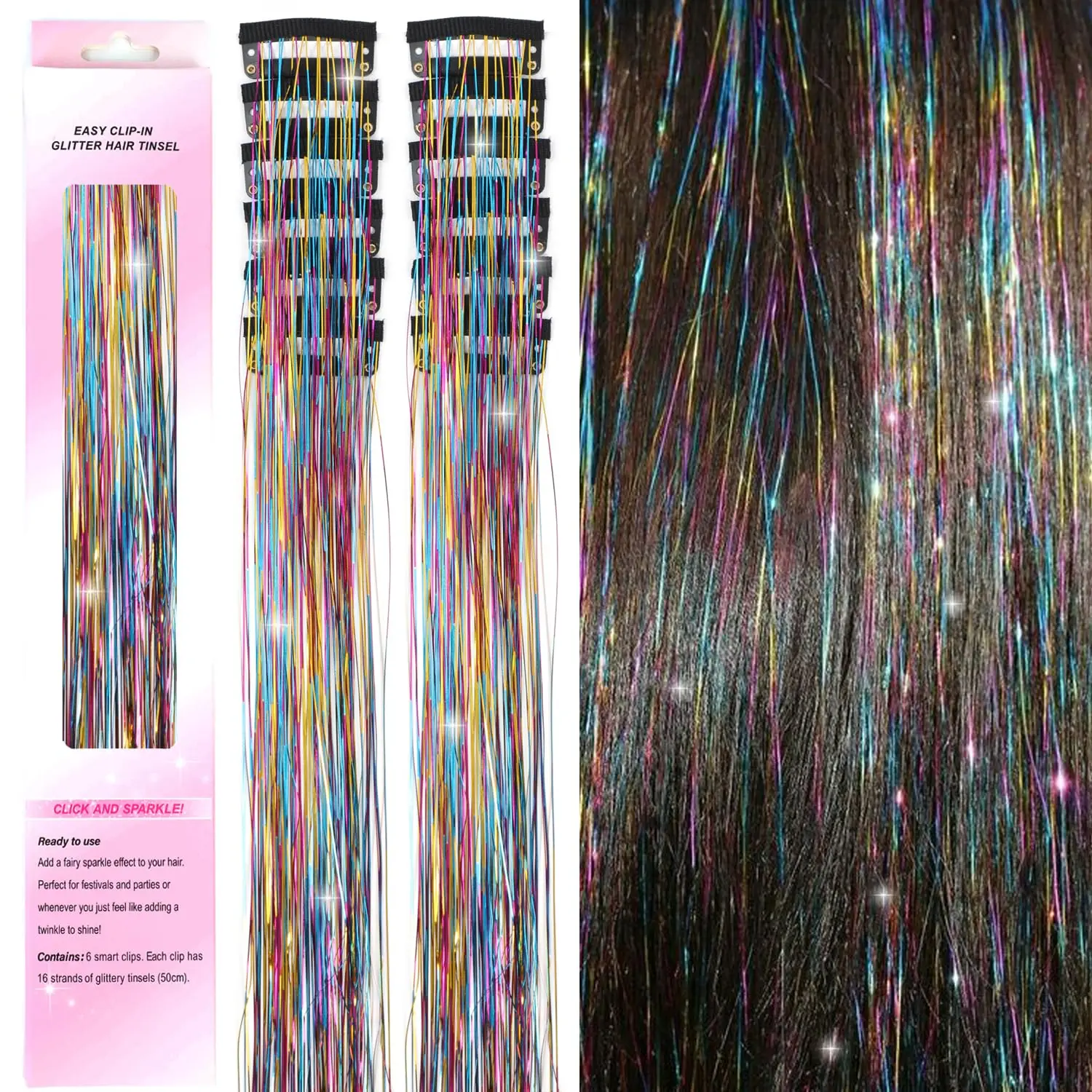 

12Pcs Hair Tinsel Clip in 19.6Inch Glitter Tinsel Hair Extensions Clip in Hair Tinsel Kit Heat Resistant Shiny Sparkle Fairy Hai