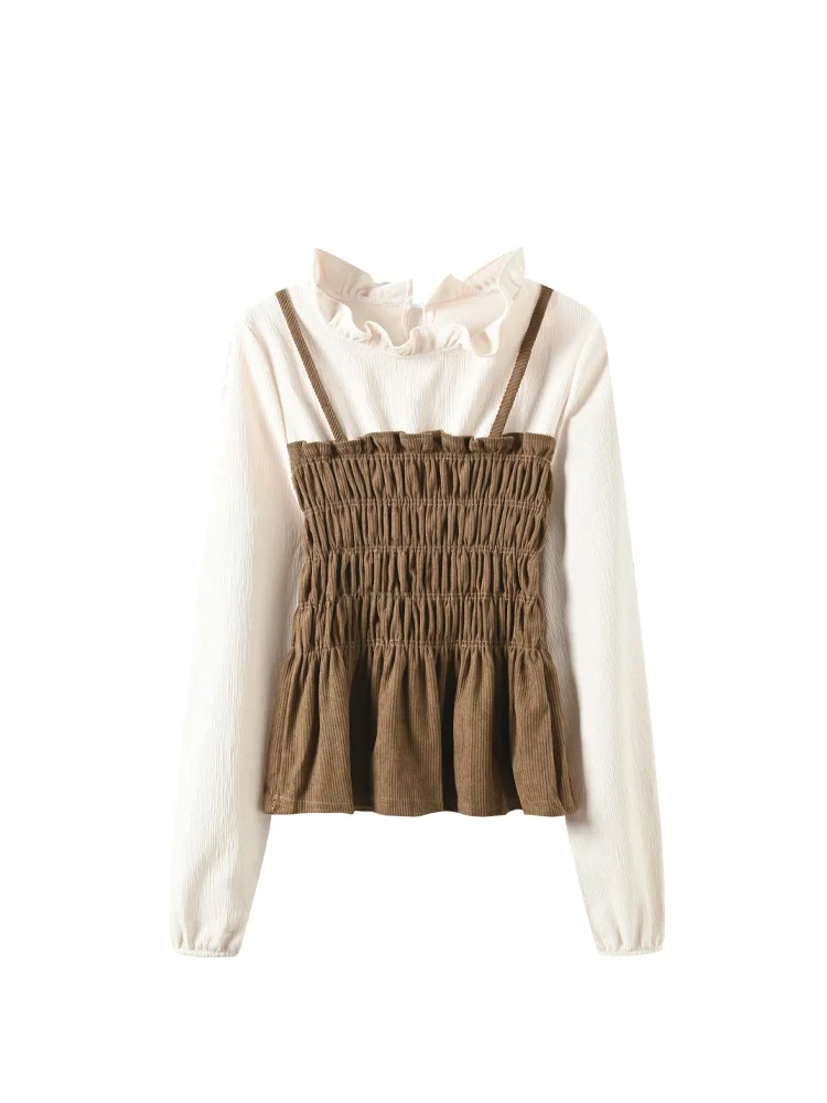 

Женская трикотажная рубашка больших размеров с длинным рукавом и кружевным воротником, весенняя, из полиэстера, приталенного кроя, средней длины