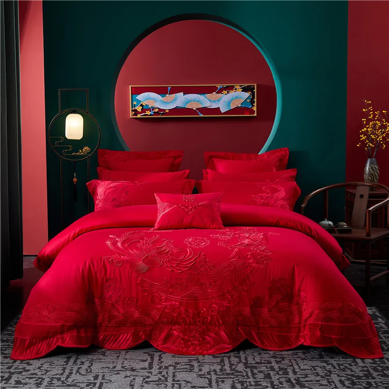 160 Thread Count Double Strand Long Staple Cotton Four Piece Set Cotton Satin Embroidered Big Red Quilt Cover