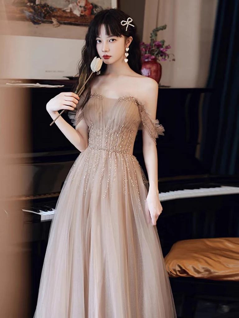 Gorgeous Champagne Evening Dresses Spaghetti Strap Beading Chain Off Shoulder Long Tassel Tulle A-line Party Prom Gown For Women