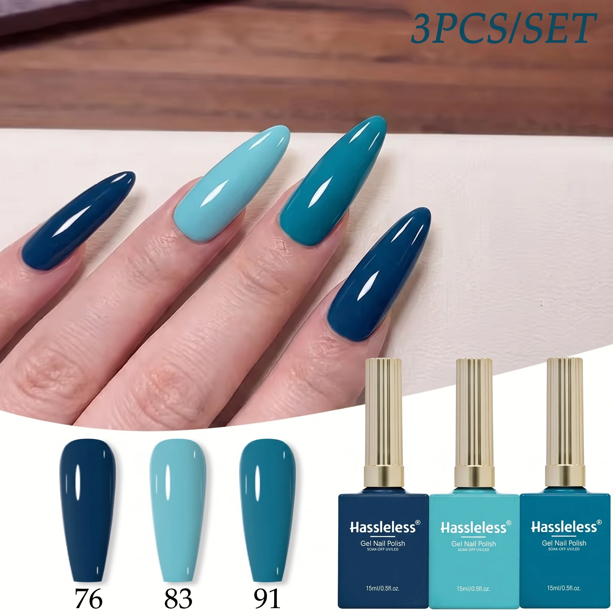 Hassleless 3Pcs Blue Series Nail Polish Gel Set, Summer Whitening Style for Yellow Skin, Silky Texture, Rich Color, High Saturation, One-Stroke Application, Perfect for Home Use and Beginners, Solid Color Nail Art