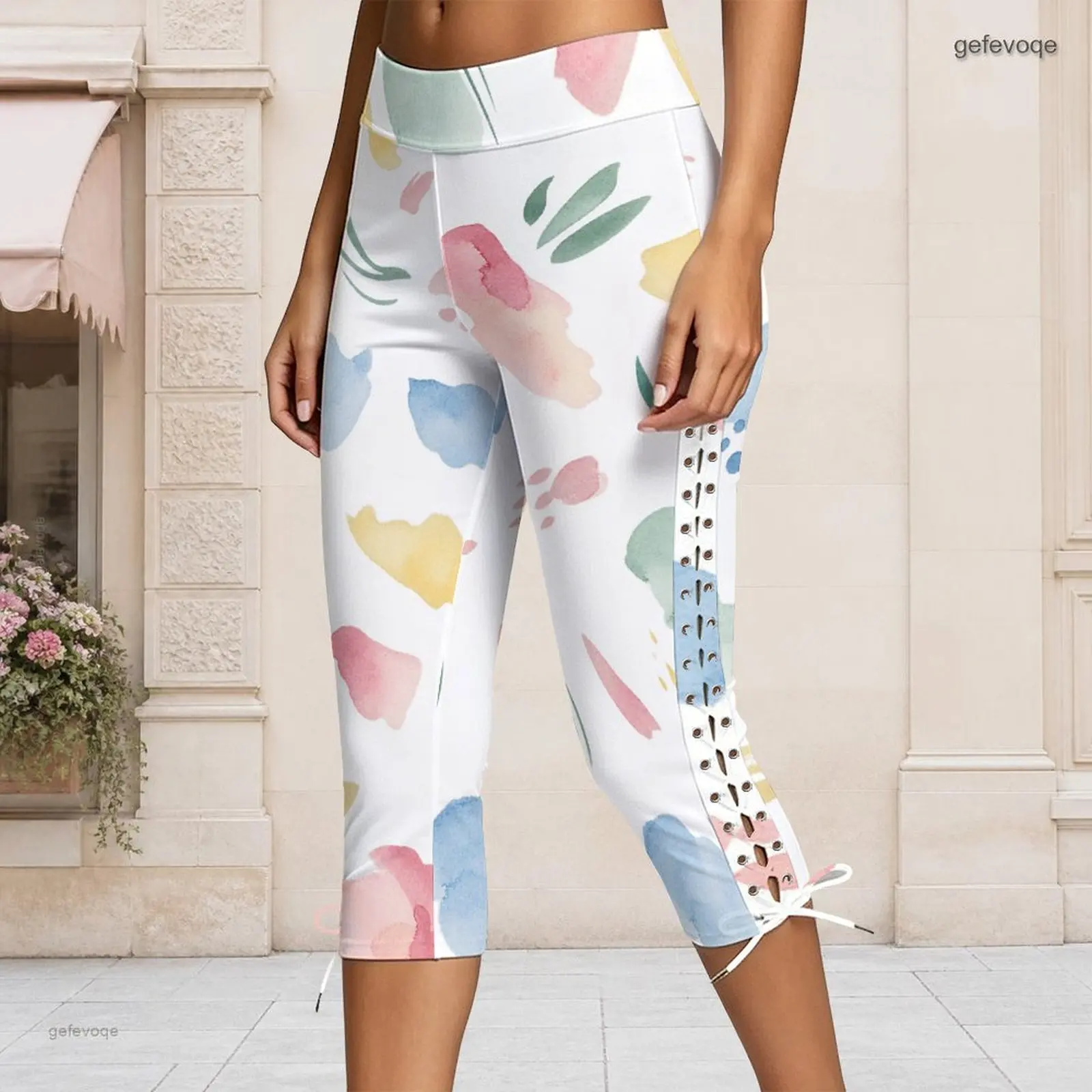 Women High Waist Fitted Capri Pants Printed Pastel Blue Purple Ocean Seashell Bubble Side Lace Up Cropped Pants