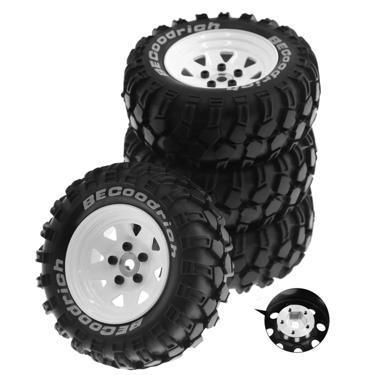 93mm Metal 1.9Inch Beadlock Wheel Rim Rubber Tire Set for 1/10 RC Crawler Car Traxxas,Triangle Hole 12mm Adapter,White