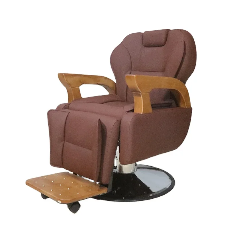 High quality brown pu leather hairdressing chair wooden armrest heavy professional barber chair for mens