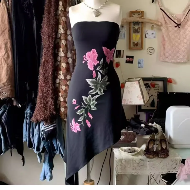 

Summer Streetwear Printing Strapless Dress Haraiuku Sexy Lrregular Fairy Dresses Women Y2k Aesthetic Slim Waist Tunic Vestidos