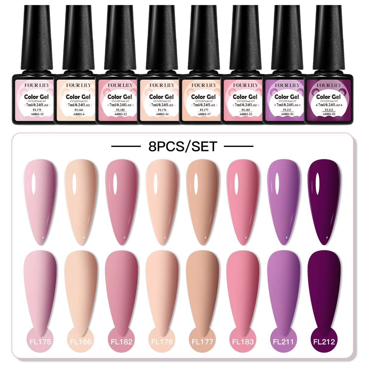 FOUR LILY 8/6-teiliges Gel-Nagellack-Set, glitzernd, funkelnd, fluoreszierend, Neon, Rot, Lila, Blau, Gel, Soak Off Nail Art Gel-Lack-Sets