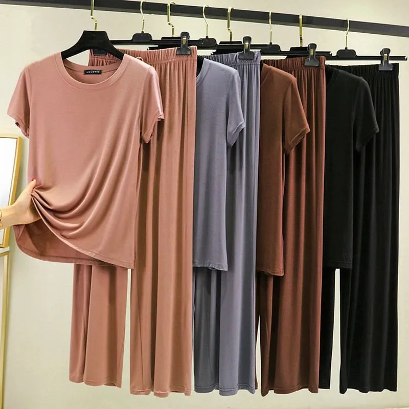 Short-Sleeved Modal Cotton Pajamas Women's Summer Thin Middle-Aged and Elderly Casual Wide-Leg Pants Loose Homewear Two-Piece Se