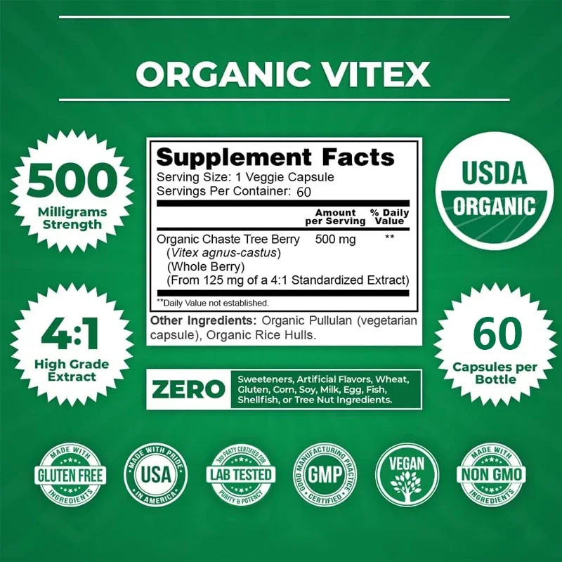 Organic Vitex, 500mg Strength, 60 Vegetarian Capsules, Standardized Concentrated 4-fold Extract, All Natural and Non GMO