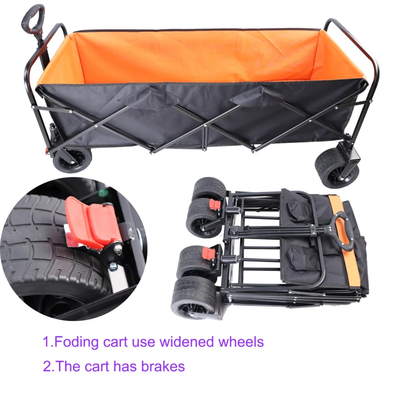 Carro grande de gran capacidad, extensor Extra largo, carro plegable, carrito de compras para jardín, carrito de playa, negro y naranja