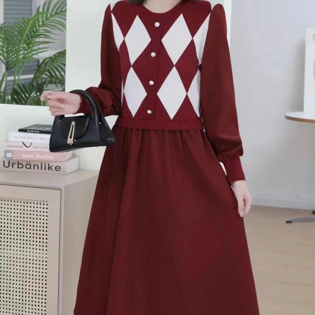 

Women Patchwork Knitted Dress Spring Autumn Casual O Neck Long Sleeve Single-breasted Fake Two Peice Pullover Vestidos R35
