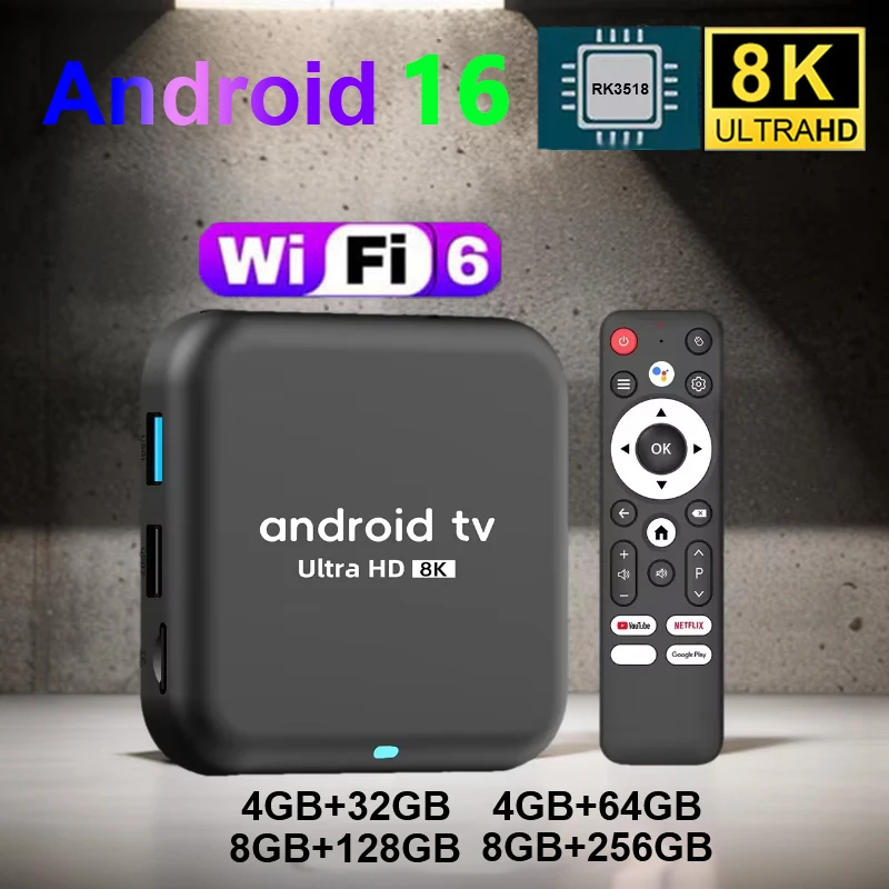 Android 16 TV Box Q18 RK 3518 8K BT5.4 Wifi6 HDR10+ 32G 64G 128G 256G Voice Remote Media Player Google Netflix YouTube Dual Wifi