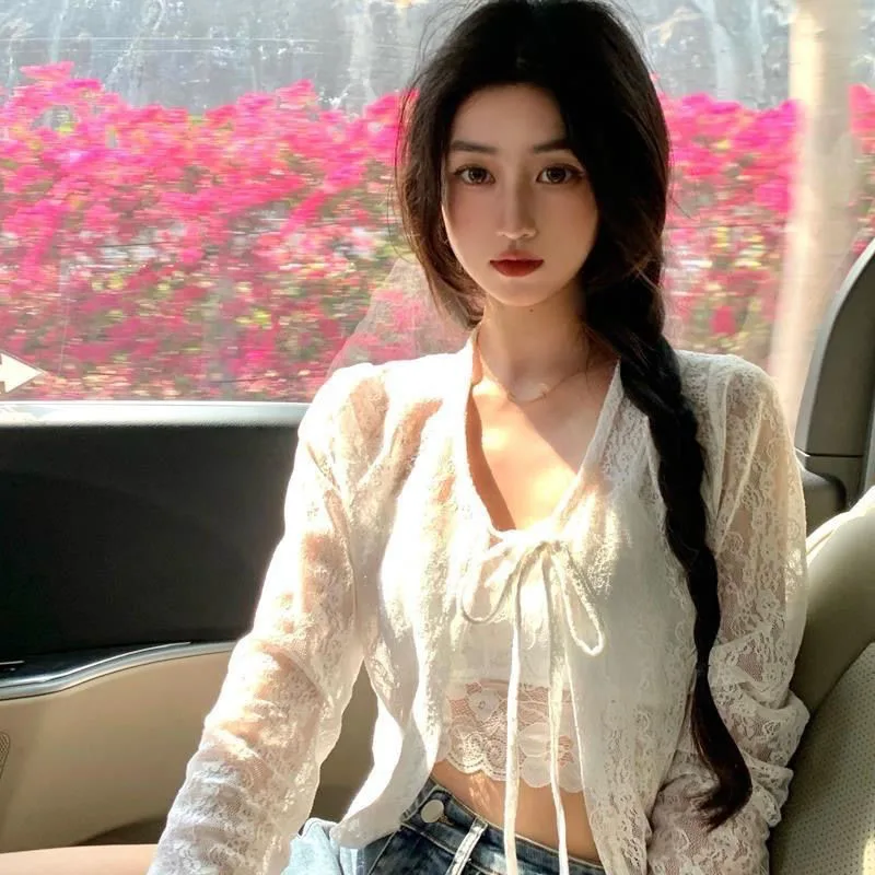 Lucyever Lace Hollow Out White Shirt Women Korean Style Thin Long Sleeve Sunscreen Cardigan Summer Beach Sexy Crop Tops Female