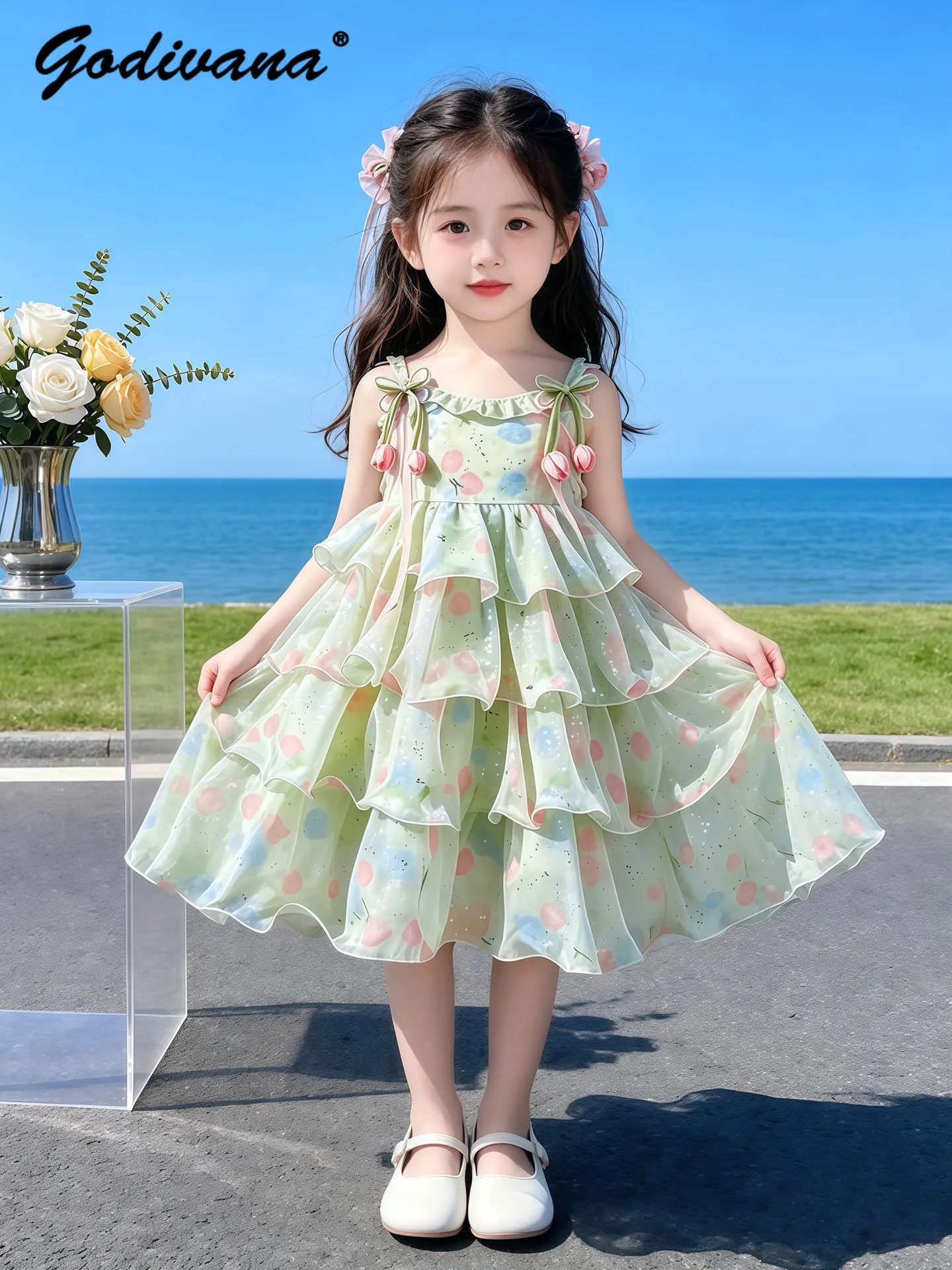 

Sweet Baby Girls Elegant Floral Suspender Cake Dress 2026 Summer New Kids Fashion Sleeveless Sequin Pearls Bow High Waist Dress