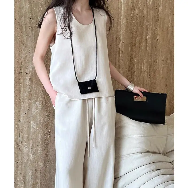 

Summer 2026 Women's Fashion Casual Slimming Sleeveless Vest High Waist Wide Leg Pants Two Piece Set High Waist round Neck Sho...