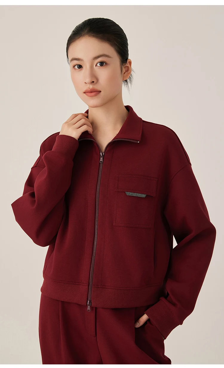 KW7523330 Damen Premium Reißverschluss-Trainingsjacke Langarm-Mischgewebe Herbstmode mit Vordertasche und Akzentbesatz – Detail 4