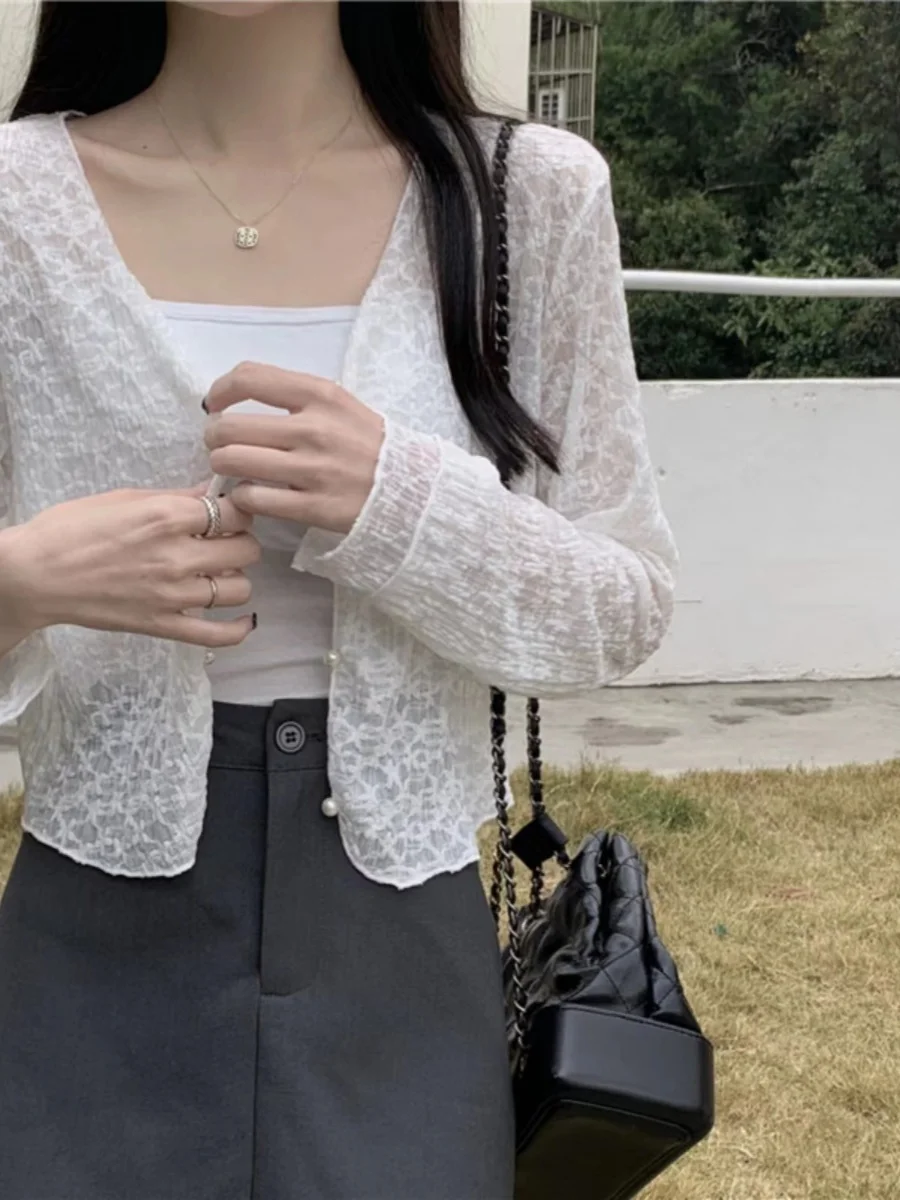 

Женский вязаный кардиган из ледяного шелка, летний тонкий, с V-образным вырезом, короткий, в корейском стиле, с длинными рукавами, для кондиционированных помещений