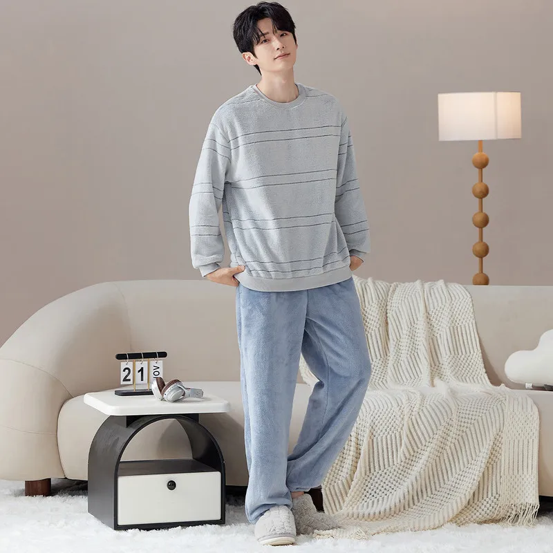 Men Thick Fleece Crew Neck Pajama Set Long Sleeve Fall Winter Base Layer - Light Gray