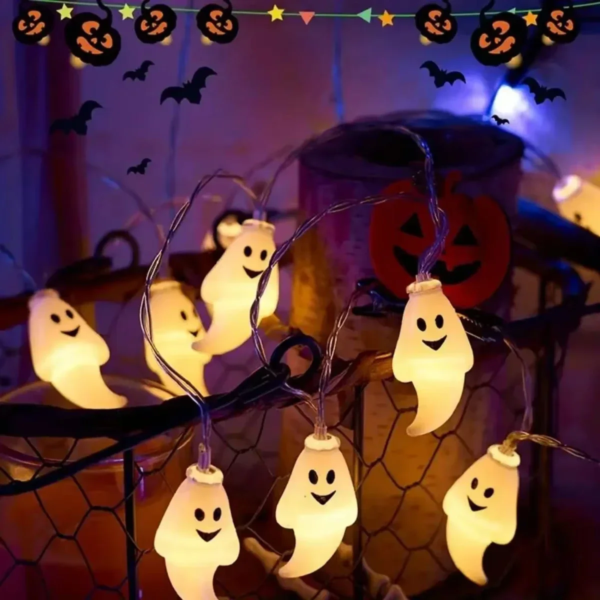 Ghost Halloween LED String Lights Battery Powered Spooky Atmosphere Lamp For Home Holiday Party Decor Wall Hanging Lamp
