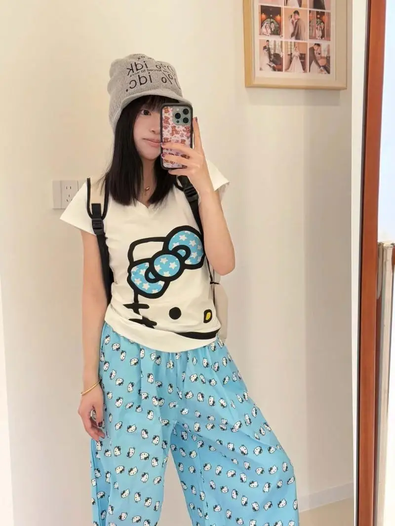 Модный пижамный комплект Sanrio из 2 предметов, комплект домашней одежды Hello Kitty, слинг для девочек, летние охлаждающие брюки Y2K, корейский стиль для девочек