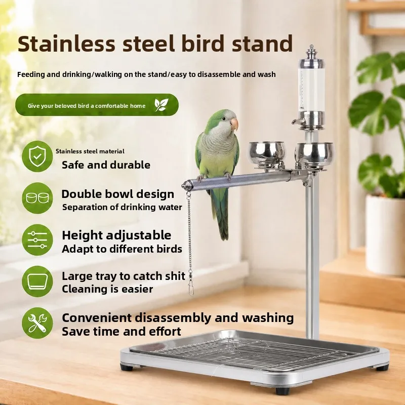 Stainless Steel Tabletop Bird Stand with Magnetic Feeding Bowl Nipple Waterer Training Station Portable Play Gym Rack for Parrot
