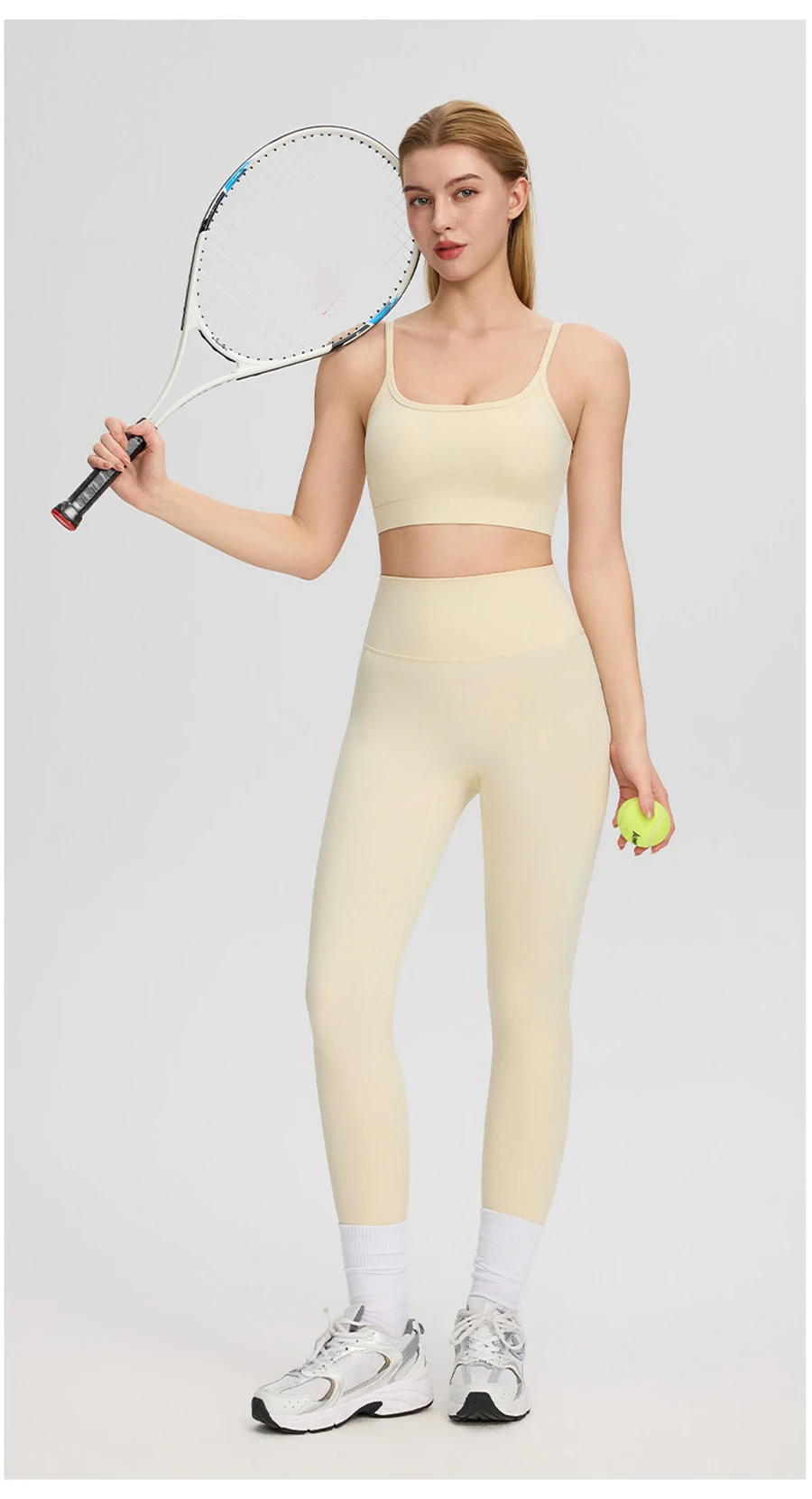 2-teiliges Damen-Yoga-Set mit dünnen Trägern, Sport-BH, hochtaillierten, eng anliegenden Leggings, einfarbig, weich, dehnbar, Fitness, Gym, Pilates, Activewear-Outfit – Detail 9