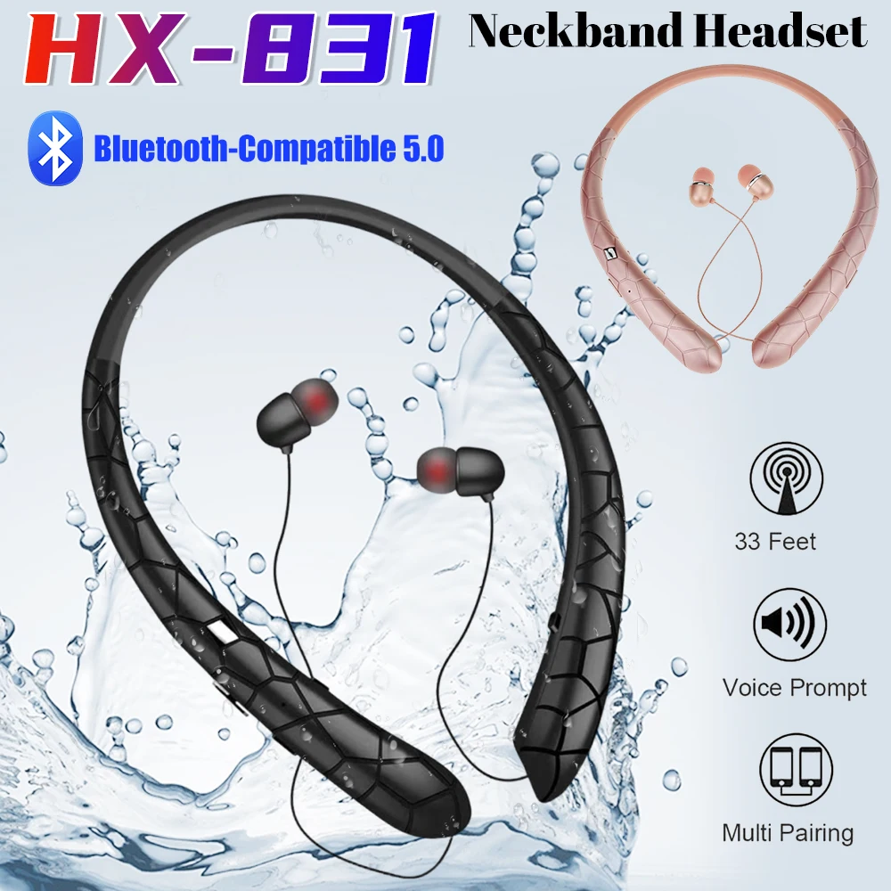 Wireless Earphones 5.0 Neckband Headphones Gaming Stereo Sports Headset Waterproof Workout Retractable Earbuds with Mic