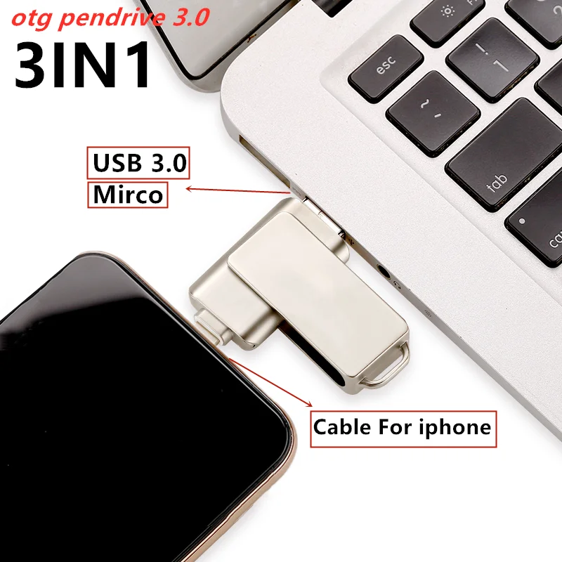 Para iphone Rotate Usb 3,0 unidad Flash 2TB 1T 512G con 3 en 1 Mirco TYPE-C a interfaz iphone 256G pendrive 11/12/13/14 Ipad