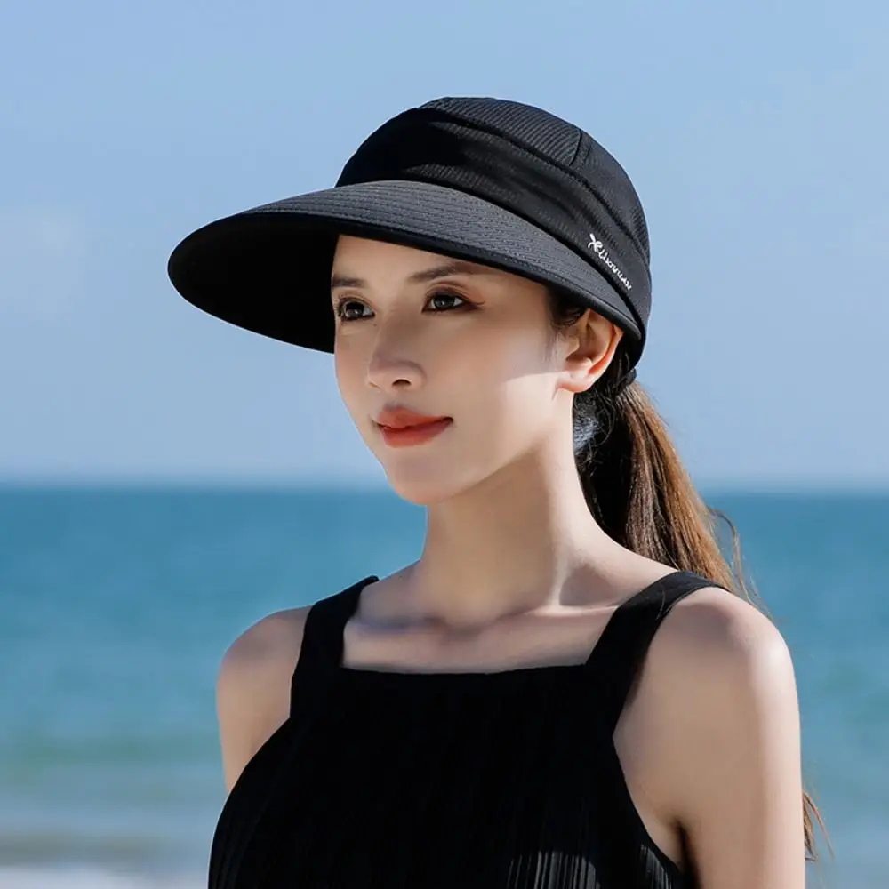 Wide Brim Women Summer Sun Hat Casual UV Protection Detachable Empty Top Ponytail Cap Foldable Adjustable Beach Cap