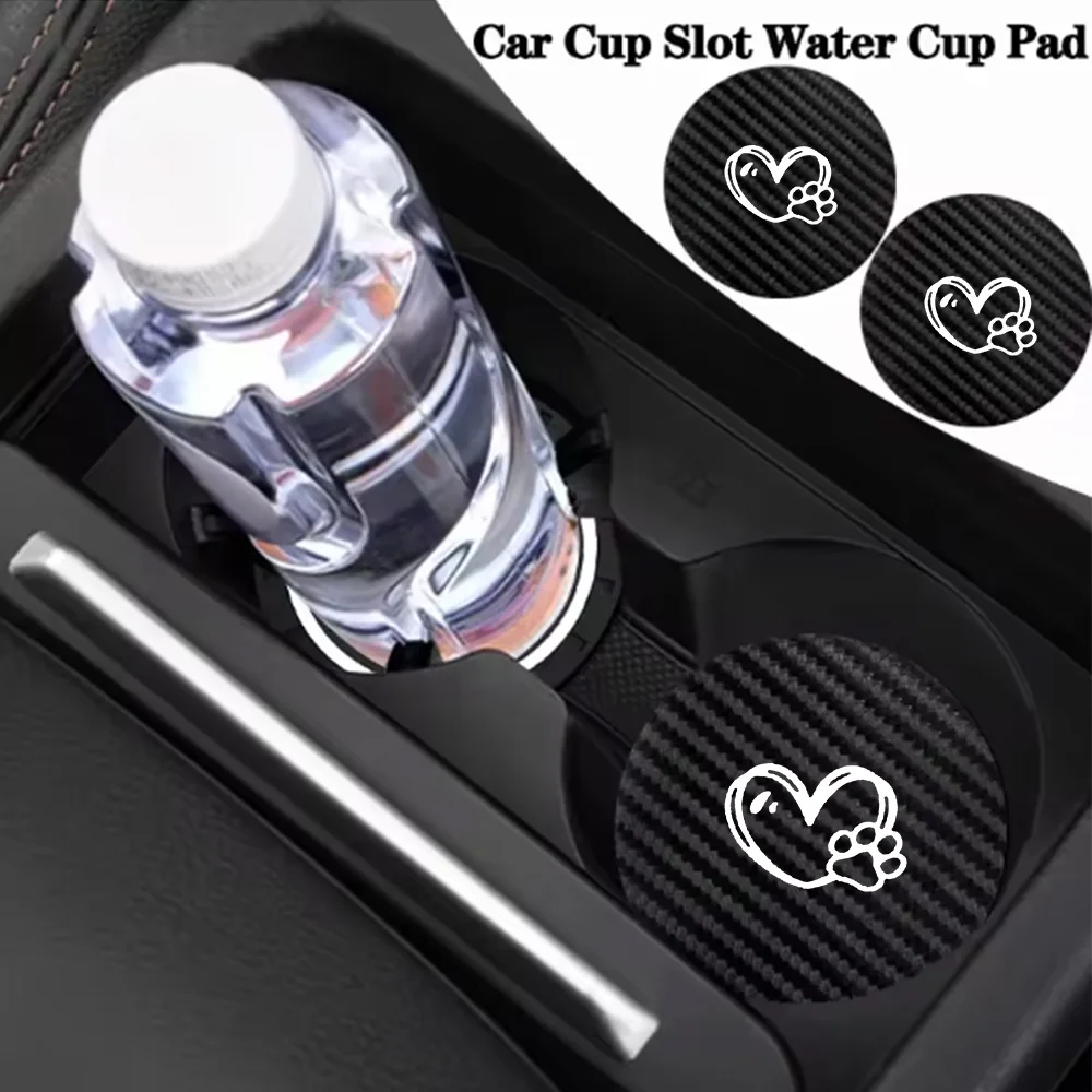 Heart-Shaped Dog Paw White Car Interior Accessories Carbon Fiber Pattern Water Cup Mat Car Accessories Collection Non-Slip Mat Cute Cartoon Storage Slot Decoration Mat