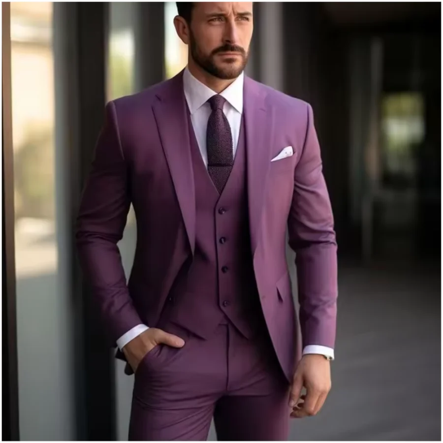 

Фиолетовые мужские костюмы из трех предметов, однобортные с лацканами для делового жениха, свадебные официальные мужские наряды, куртка на заказ, брюки, жилет