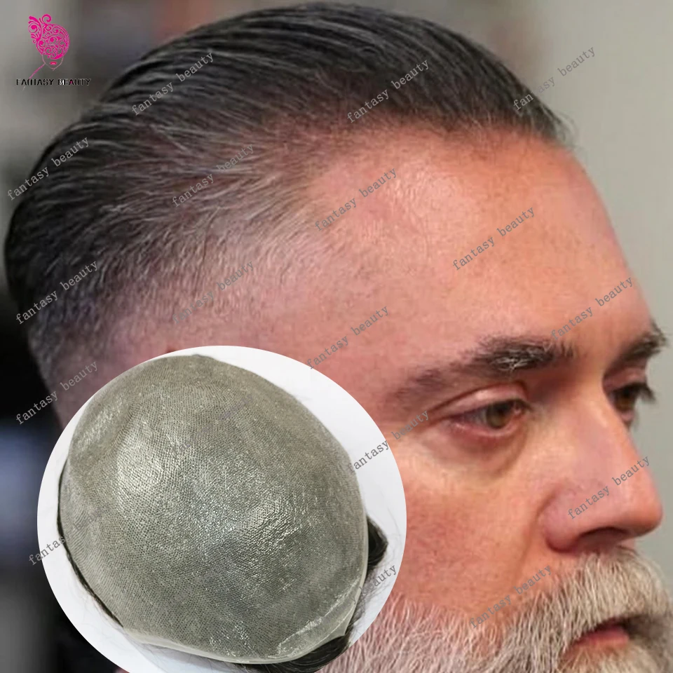 

80%Density 0.02mm Ultra Thin Skin Toupee Natural Hairline Invisible Human Hair #1b10 Grey Dark Brown Men's Wig Capillary Prothes