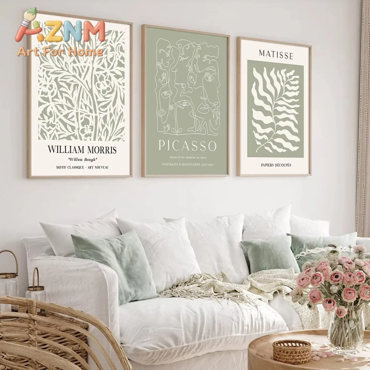 AZNM3pcs Bohemian Green Abstract Geometric Plant Line Murals, Matisse Mural Prints, Simple Living Room and Room Home Decoration