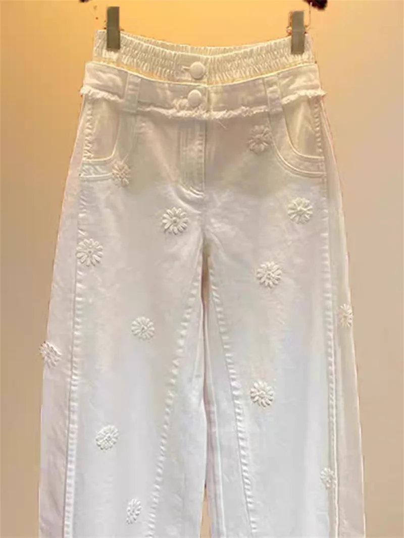 New Fashion Flowers Embroidery Women's Jeans Autumn Casual High Waist Solid Color Denim Wide Leg Pants Ankle Length Trousers