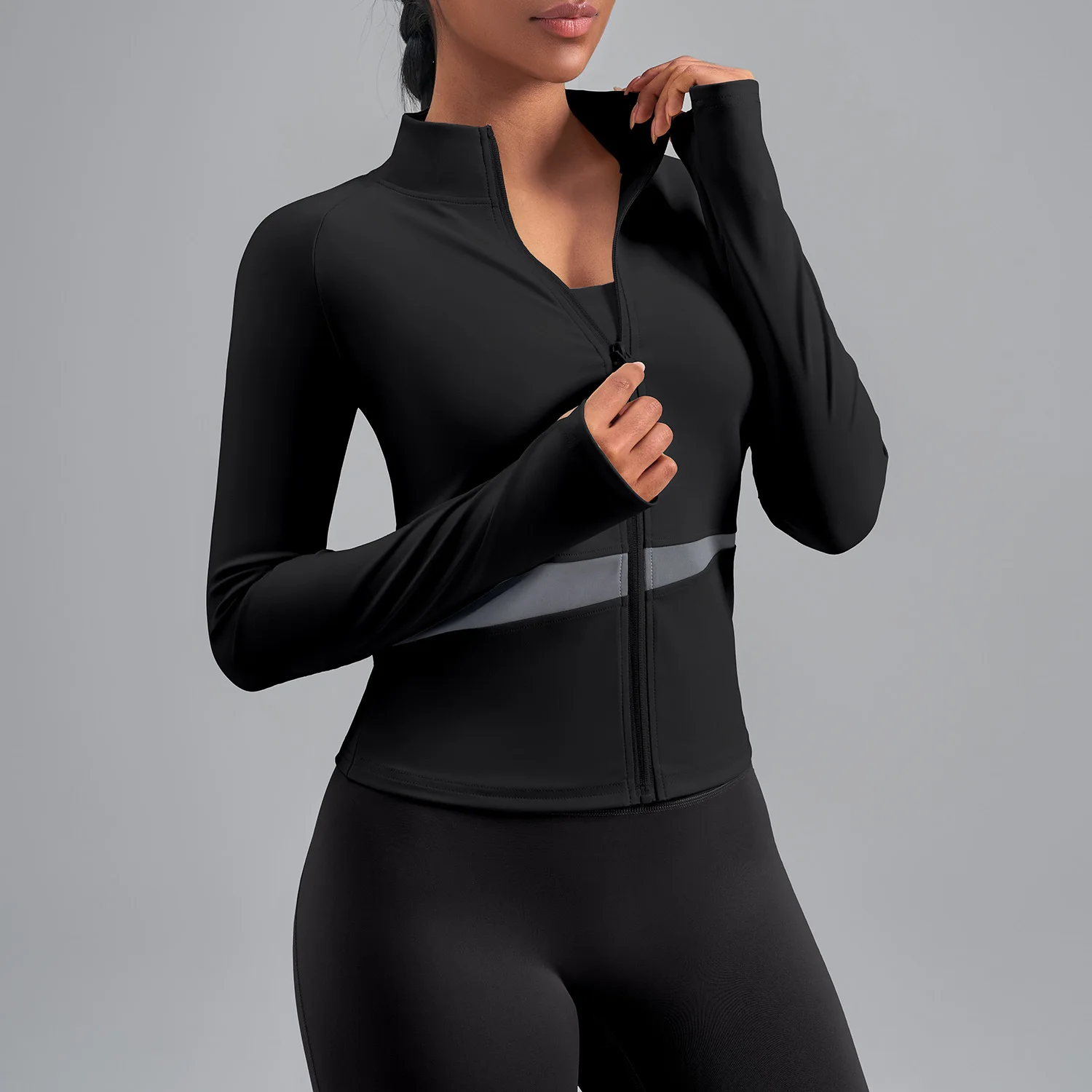 Damen High-Neck Colorblock Langarm Yoga-Jacke Ultra-weiches Gym-Oberteil 4 Naked Feel Fitness-Bekleidung