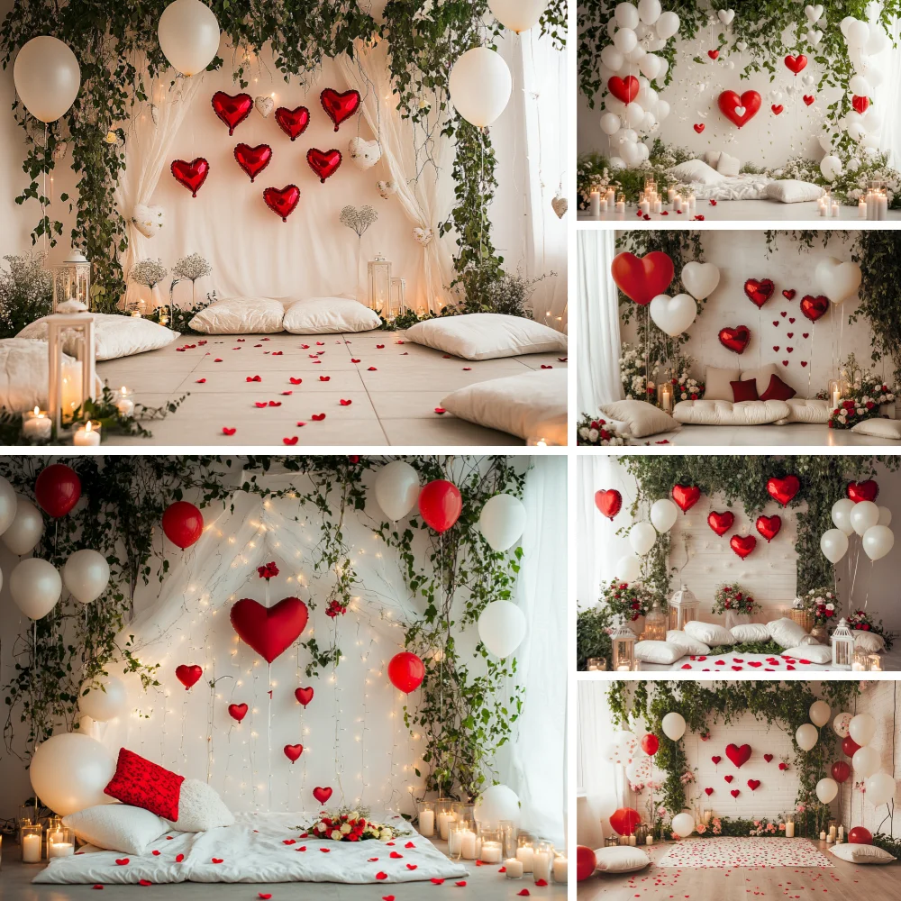 

Valentine's Day Photography Backdrop Bed Red Love Heart Balloon Glitter Light Rose Flower Wedding Party Decor Photo Background