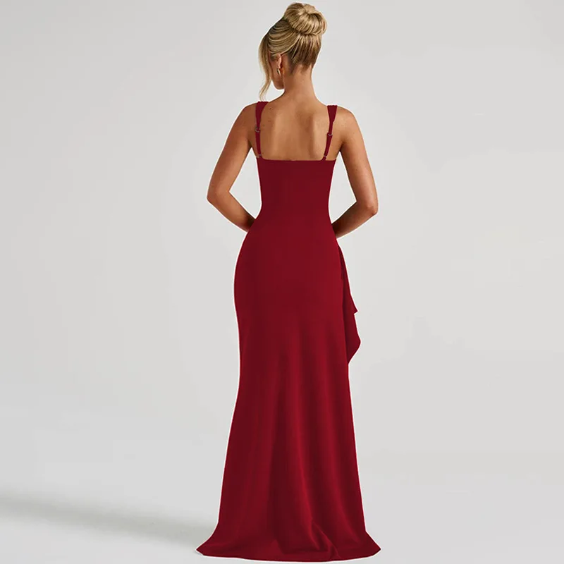 Frauen Kleidung Sommer Mode Sexy Ärmellose Spaghetti Strap Backless Hohe Oberschenkel Schlitz Kleid Einfarbig Abendkleid Langen Rock