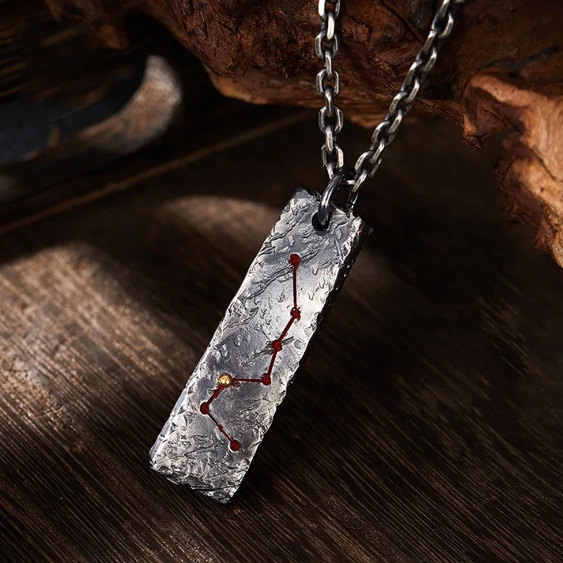 Vintage Thai Silver Big Dipper Taoist Talisman Pendant Men Cinnabar Amulet Necklace Chiba Ethnic Style Taoist Youth Protection L
