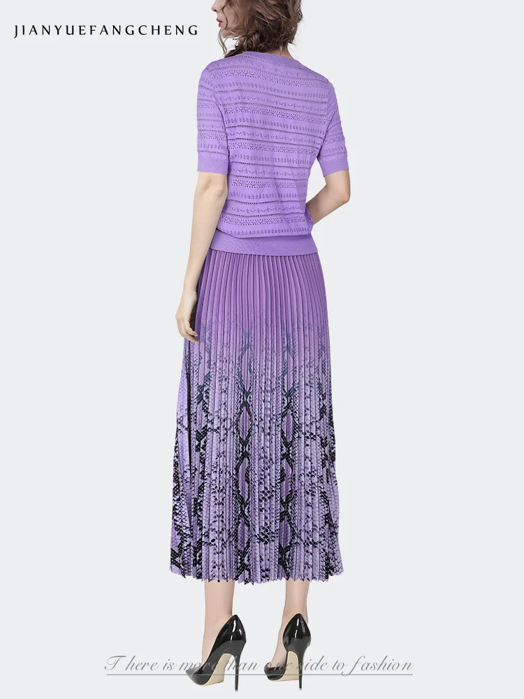 Womens Mid-length Pleated Skirts Gradient Snake Skin Printed Elastic Waist A-line Elegant Flowy Spring Summer Trendy Bottoms
