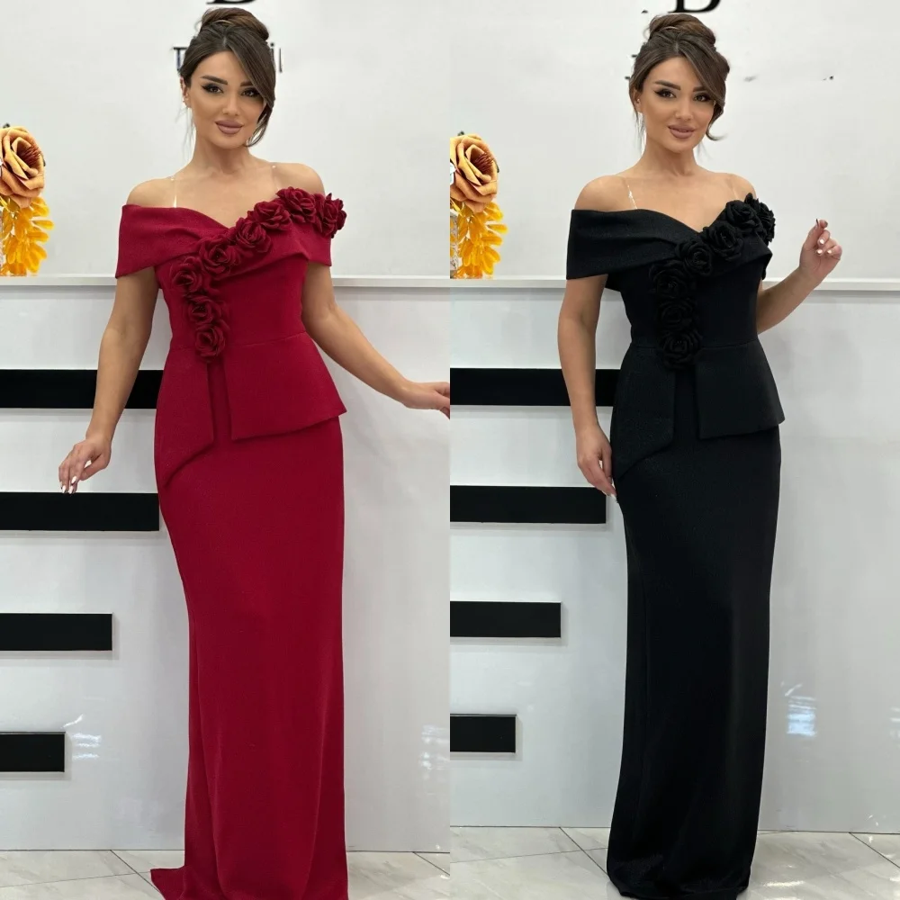 

Customized Exquisite Elegant Jersey Flower Pleat Straight Off-the-shoulder Long Dresses Bespoke Occasion Dresses Matching Formal