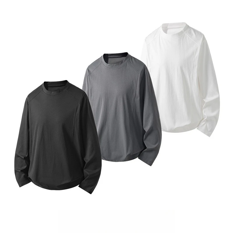 Men's Crew Neck Sweatshirt Spliced Straight-shoulder Style Solid Color Long-Sleeve Pullover Top Loose Oversize Sports Hoodie