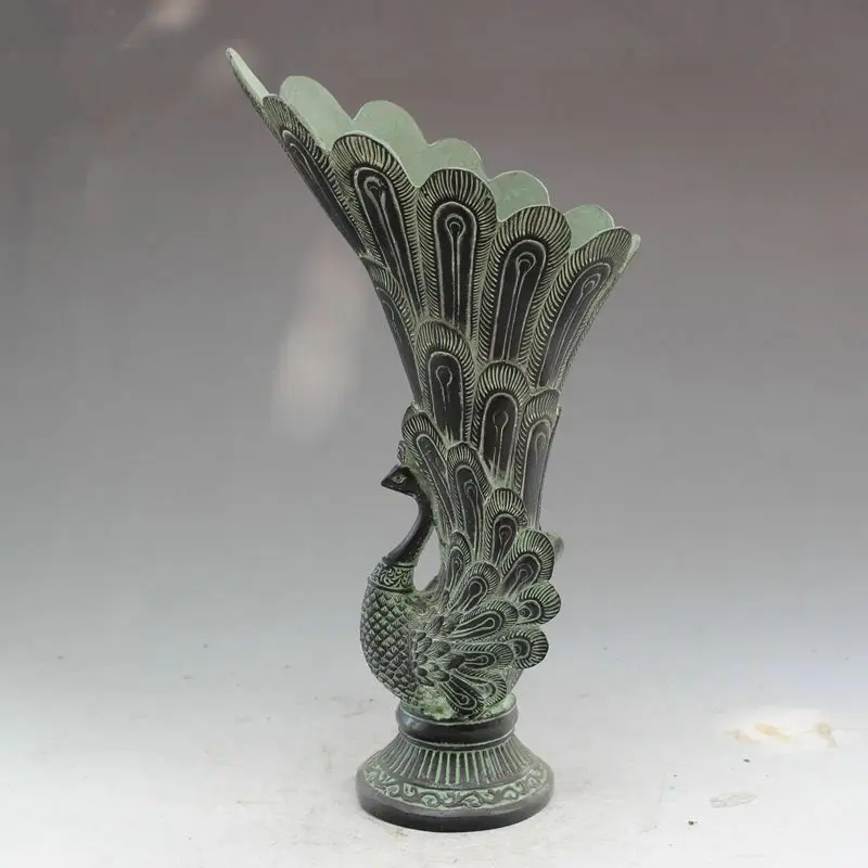 

China Old Fengshui Bronze Lifelike Peacock Vase Pot Statue