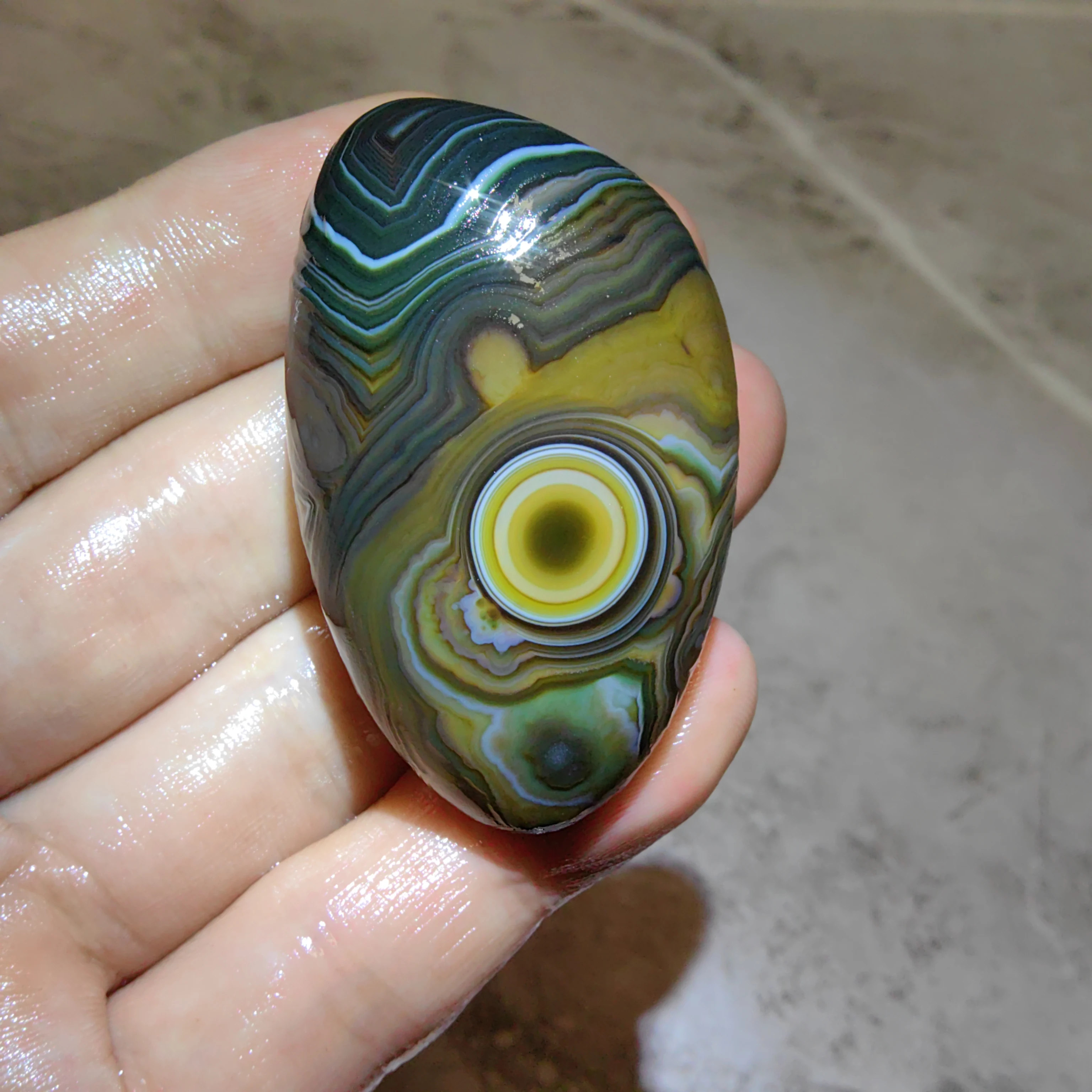 Natural Gobi Eye Agate Palm Stone with Concentric Yellow Rings Rare Gobi Desert Origin Agate Wishing Stone