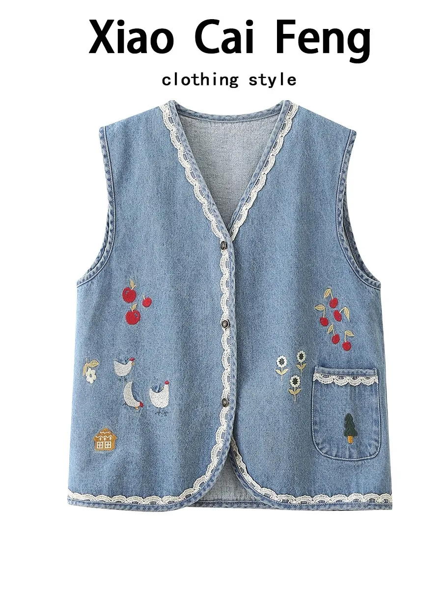 

Japanese Sle Embroidered V-Ne Denim Vest Women's Lace Trim Splicing oulder Pad Layered Outerwear Trendy Top