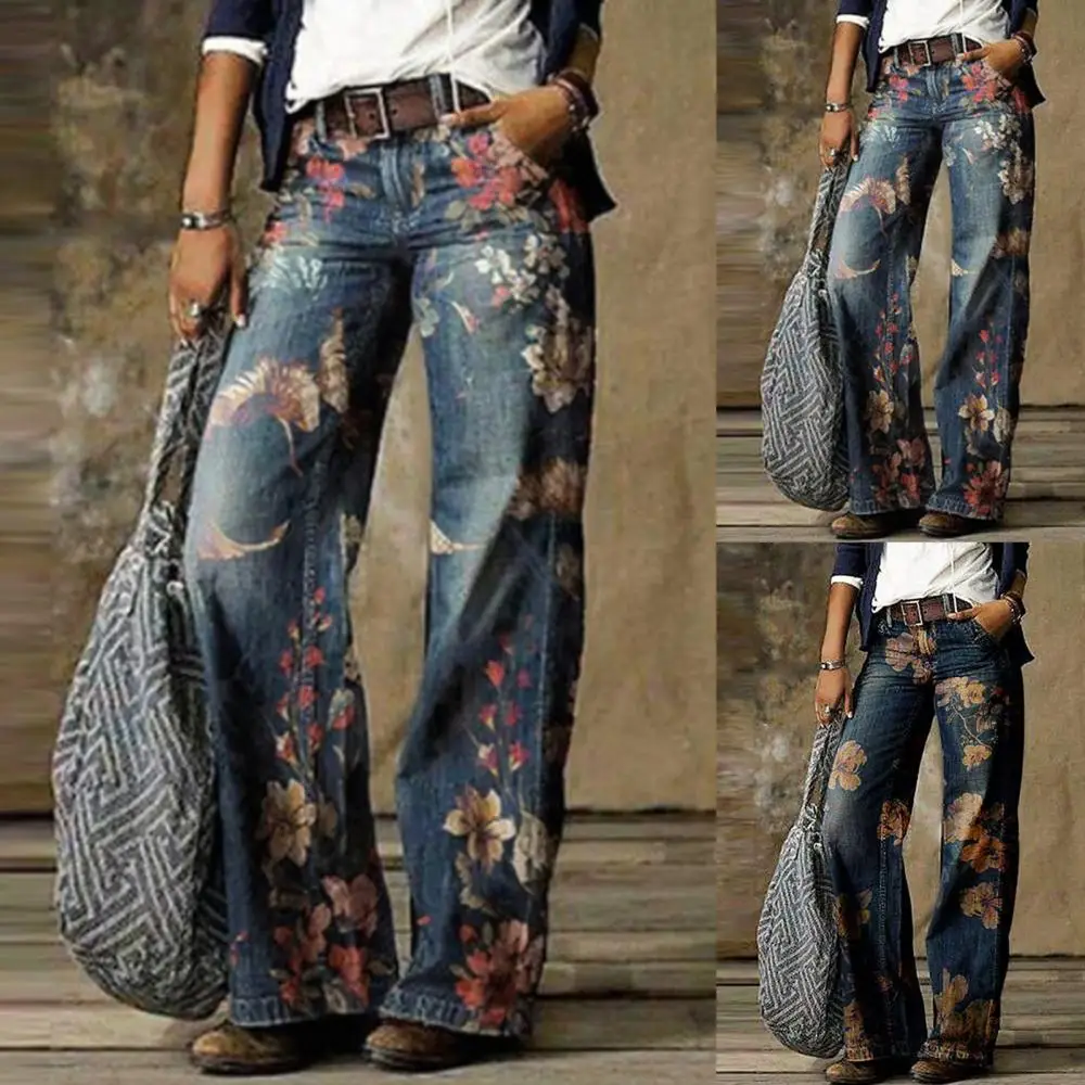 Wide Leg Pants High Waist Retro Women Loose Long Trousers Floral Print Jeans Trousers